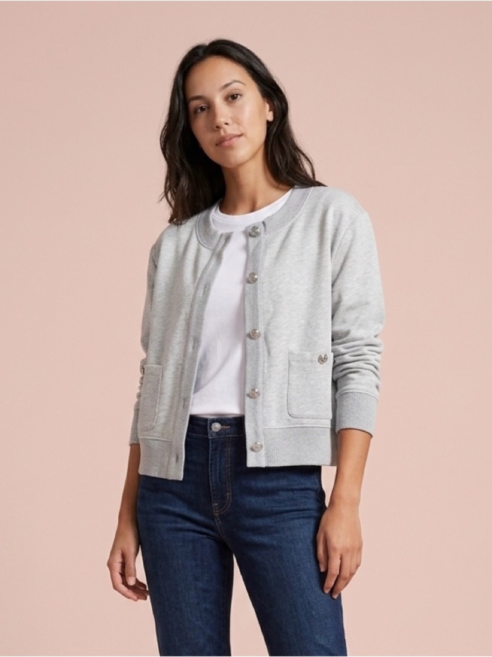 Ann Taylor Weekend Light Gray Button-Up Bomber Cardigan- Size Large